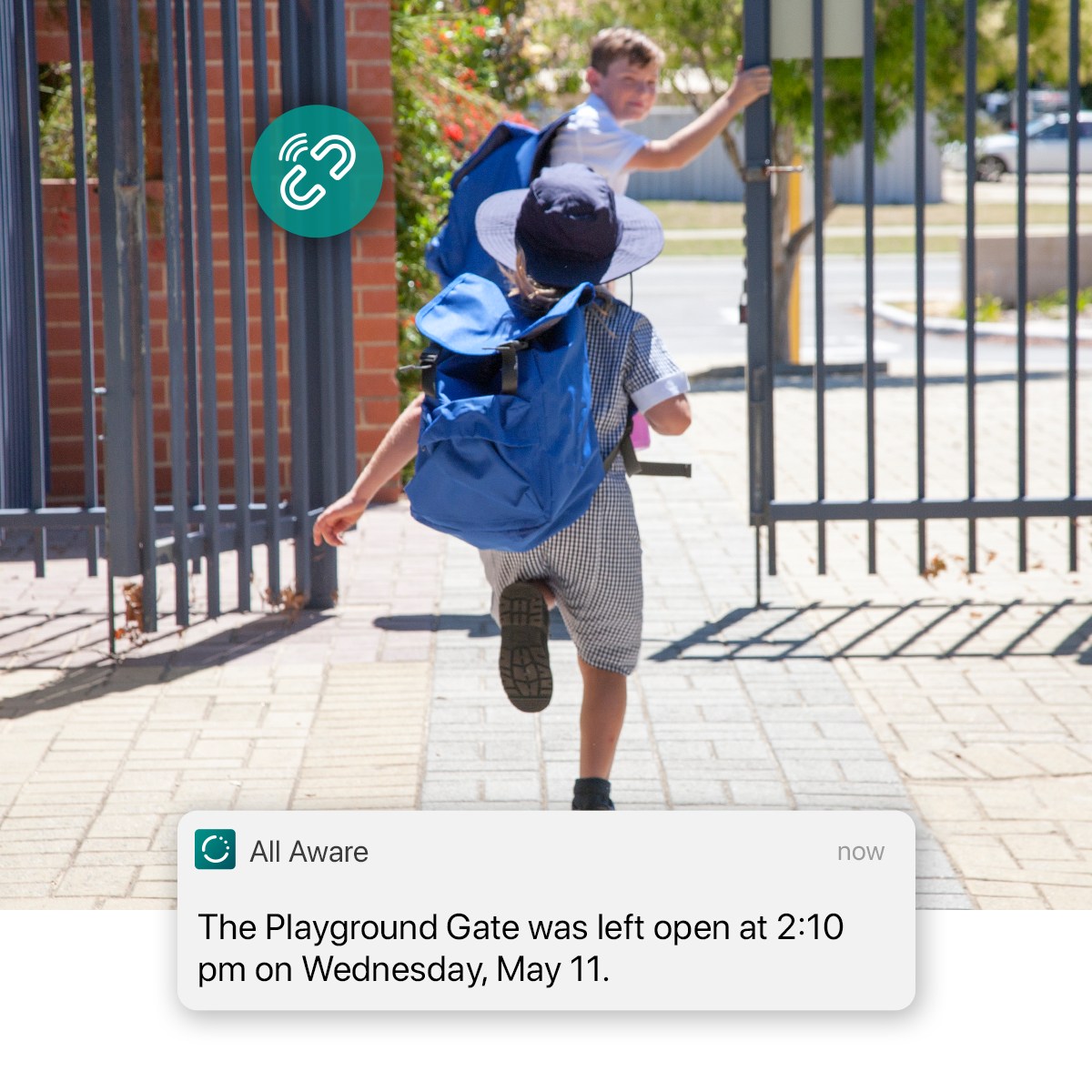School staff receives playground gate notification from the cellular contact sensor 