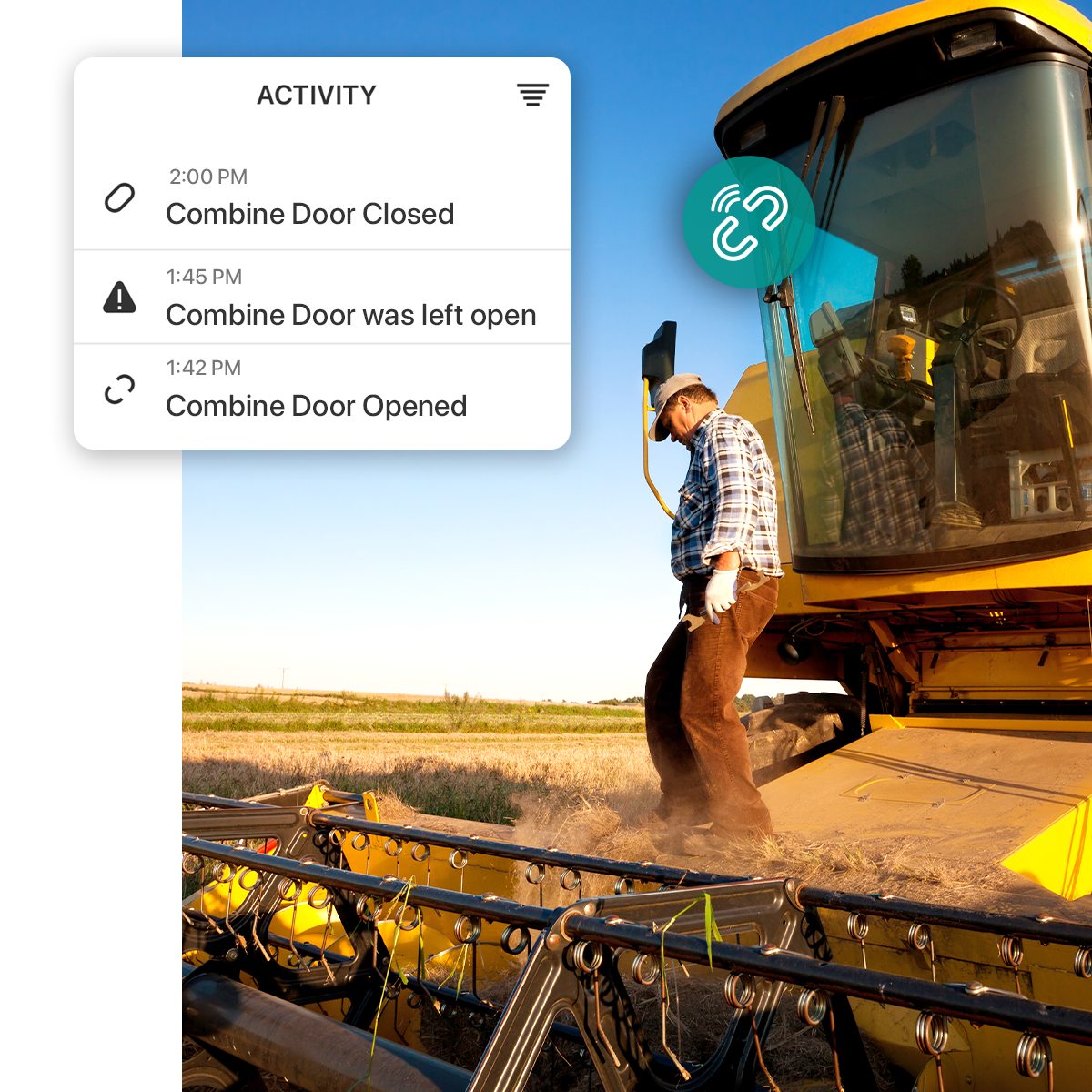 On the farm and ranch, get combine door notifications from your cellular contact sensor 