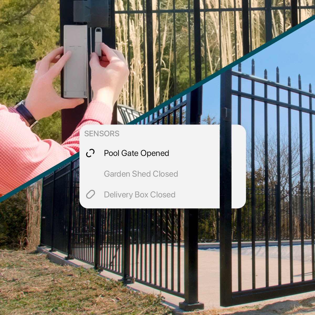 Pool gate opens and the cellular contact sensor updates status on mobile app
