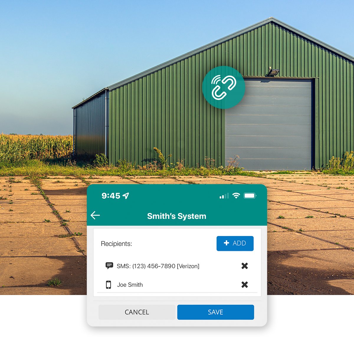 On the farm and ranch, get machine building door notifications from your cellular contact sensor 